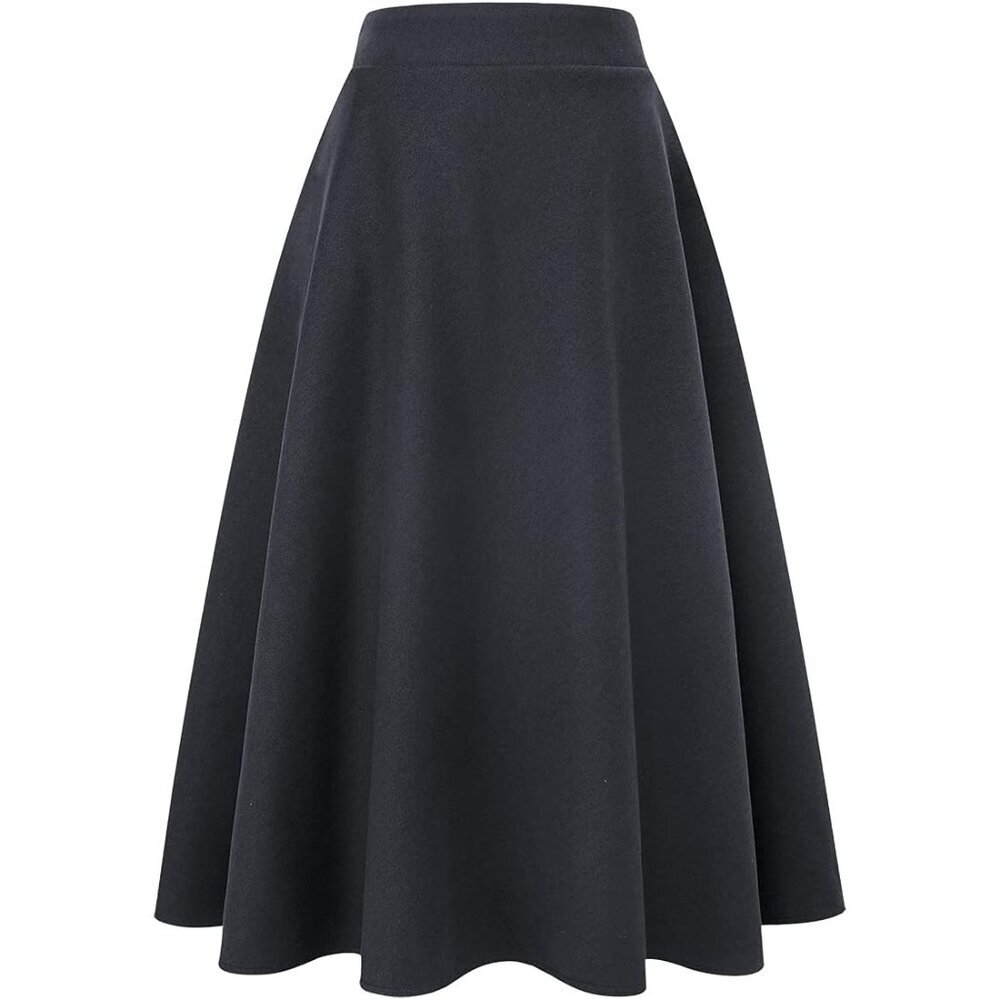 Womens Long Dark Grey Elastic Waist A-Line Pleated Tartan Long Plaid Wool Skirt